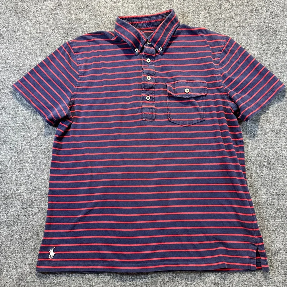 Ralph Lauren Polo Shirt Mens Medium Navy Blue Red Striped Preppy Nautical Pocket